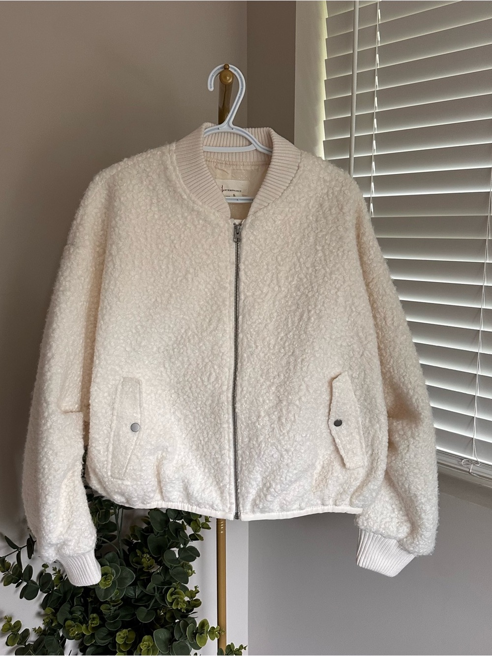 Anthropologie Cream Teddy Sherpa Bomber Jacket
